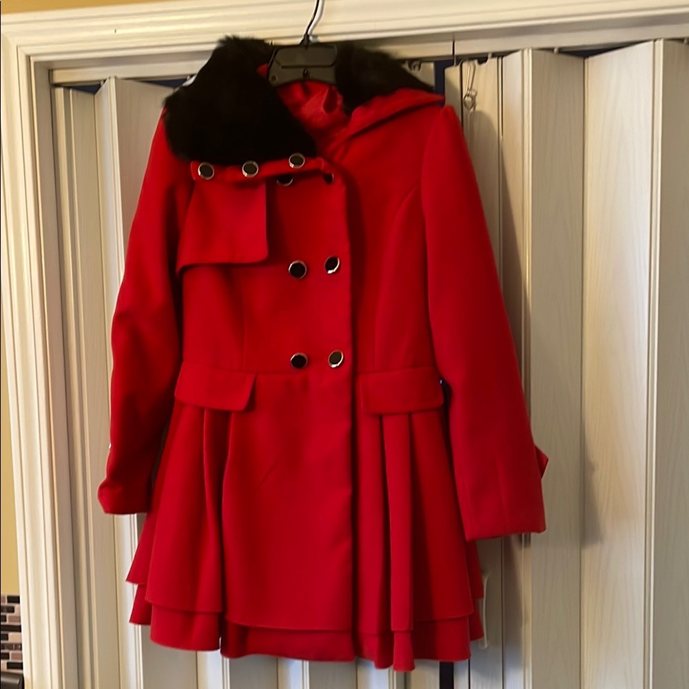 Stylish Red Double-Breasted Coat with Black Collar